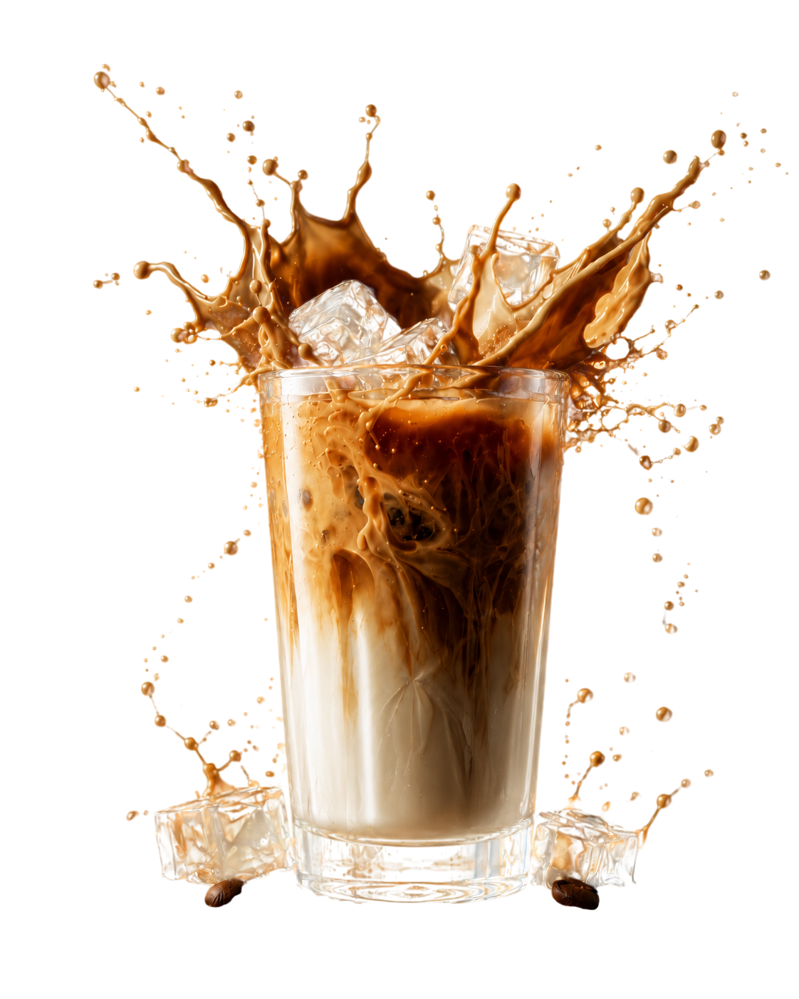 An iced Bean Theory coffee caught mid-splash