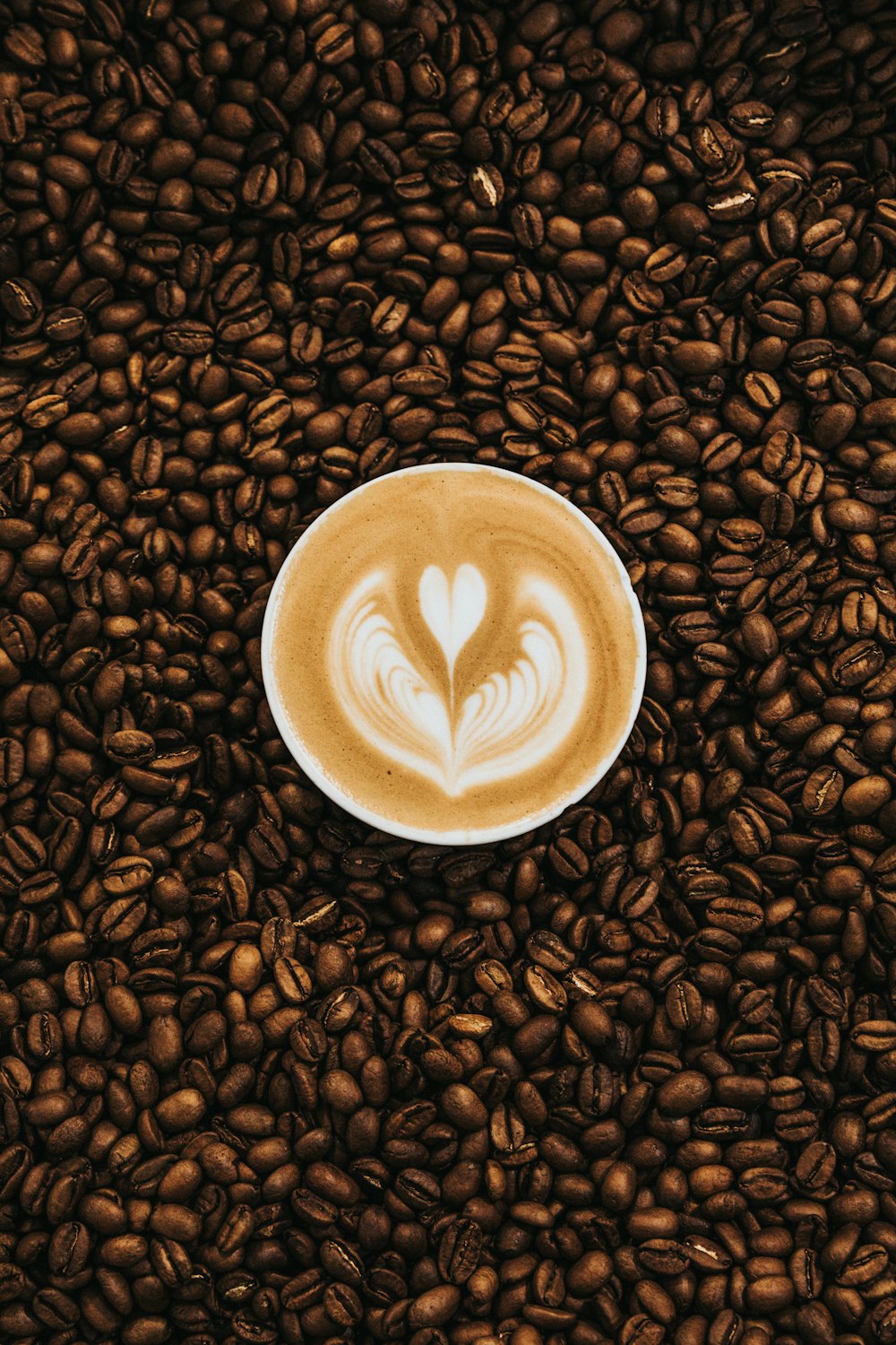 Mocha with latte art on a bed of coffee beans
