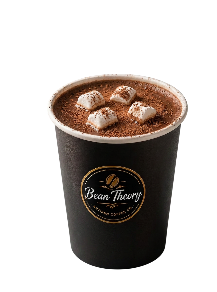 Bean Theory branded hot chocolate topped with marshmallows and a dusting of cocoa