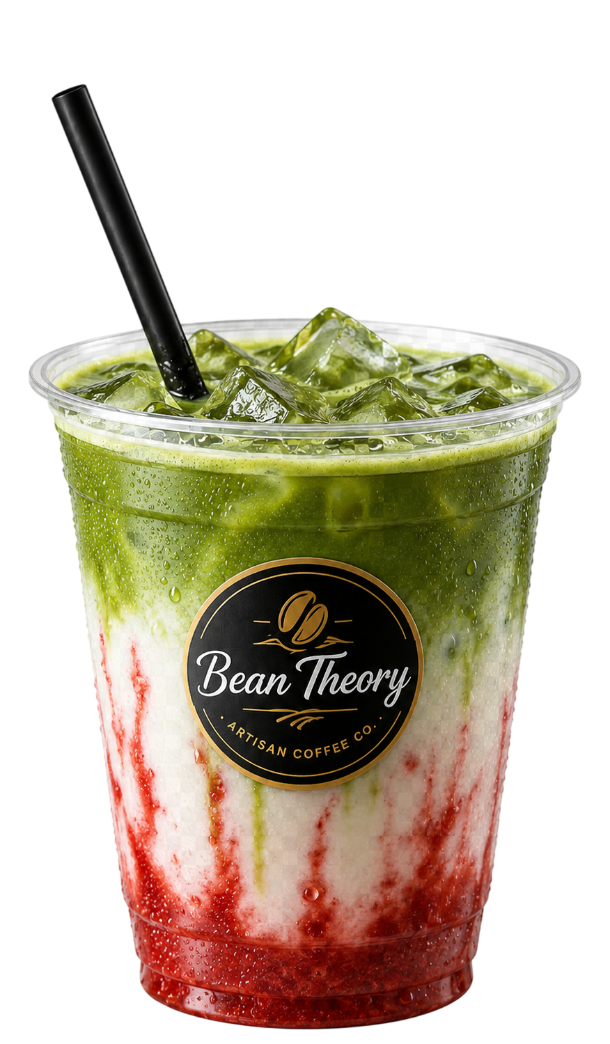 Bean Theory strawberry matcha latte with a red strawberry base